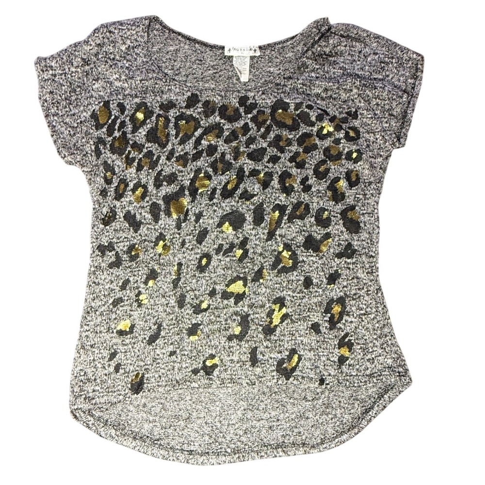 Agenda‎ Leopard Print Top Gray Gold Short Sleeve Casual Blouse XL